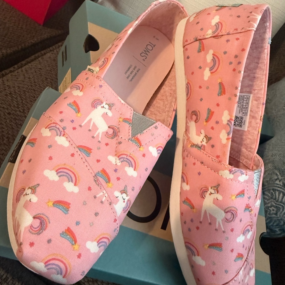 TOMS Kids Pink Unicorn and Rainbow Slippers